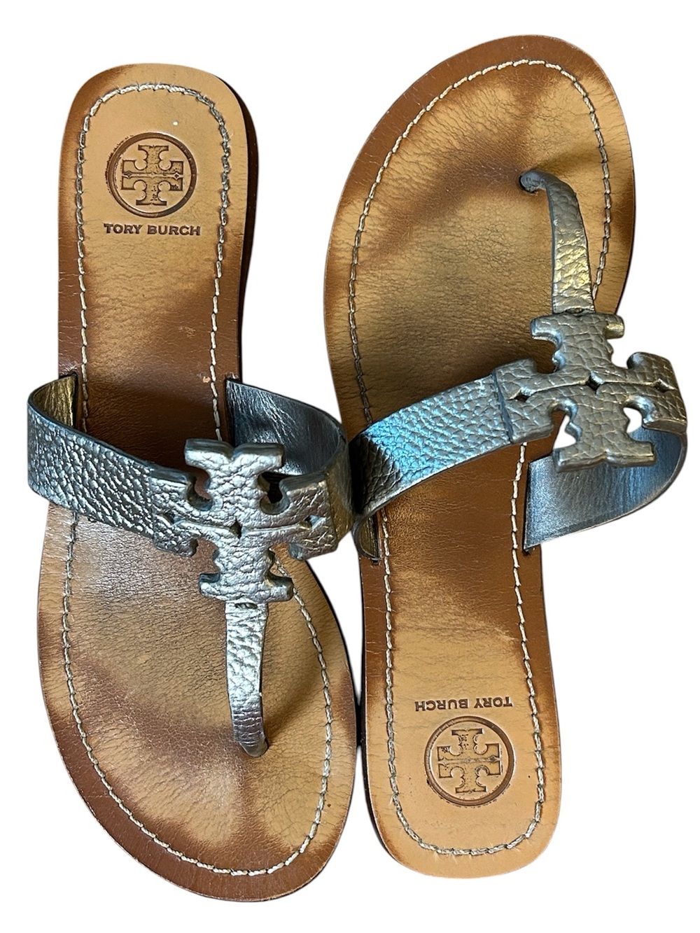 Tory Burch Moore metallic pewter pebble leather thong sandals size 7.5